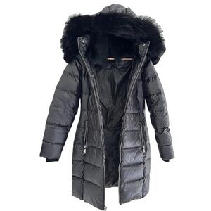 Andrew Mark Women’s Black Puffer Jacket with Fox hood and belt Size XS